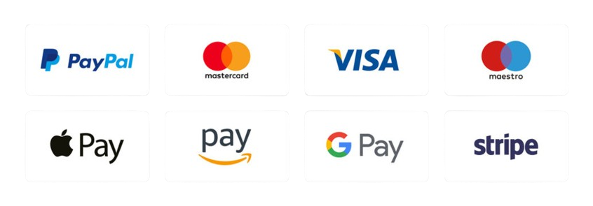 Moyens de paiement acceptés : PayPal, Mastercard, Visa, Maestro, Apple Pay, Amazon Pay, Google Pay, Stripe